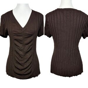 Vtg Y2K Brown Ruched Knit Sweater Short Sleeve Stretch V-Neck Size Large